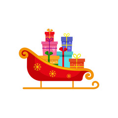 vector flat christmas winter holiday symbol - Decorated with stars, red golden christmas santa sleigh with box, gifts presents pile. Isolated illustration on a white background.