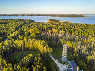 Observation deck and nature in Mamerki, Mazury district lake, Poland