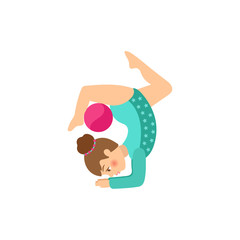 vector flat cartoon cute young teen girl making gymnastics stretching exercise with ball. Female woman athlete. Isolated illustration on a white background.