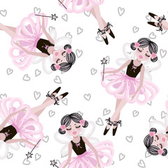 Cute dancing ballerina girls in pink tutus. Vector seamless pattern for baby and child wallpapers, textile, posters and clothing prints. Little girlfriends in ballet dresses.