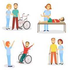 Medical rehabilitation, physical therapy, physiotherapist working with patients, flat cartoon vector illustration on white background. Medical rehabilitation, physical therapy, nurse and patients