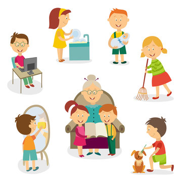 Children at home - using computer, doing chore, looking after sibling, listening to grandma reading, flat cartoon vector illustration isolated on white background. Big set of kids, home activities