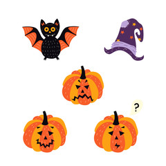 vector flat cartoon halloween autumn holiday symbols set. Black bat, spooky pumpkins with different emotions - Jack O'Lanterns and magic witch hat. Isolated illustration on a white background.