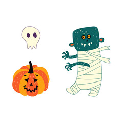 vector flat cartoon halloween autumn holiday symbols set. Pumpkin or Jack O'Lanterns, funny mummy zombie and ghost in shape of skull. Isolated illustration on a white background.
