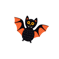 vector flat cartoon halloween traditional autumn holiday symbol spooky stylized funny magic black bat. Isolated illustration on a white background.