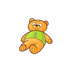 vector flat cartoon cute brown teddy bear female toy in green shirt. Child kid character isolated illustration on a white background.