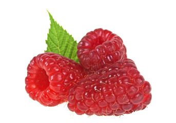 Raspberry with leaf isolated on a white background
