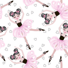 Cute dancing ballerina girls in pink tutus. Vector seamless pattern for baby and child wallpapers, textile, posters and clothing prints. Little girlfriends in ballet dresses. © Alina