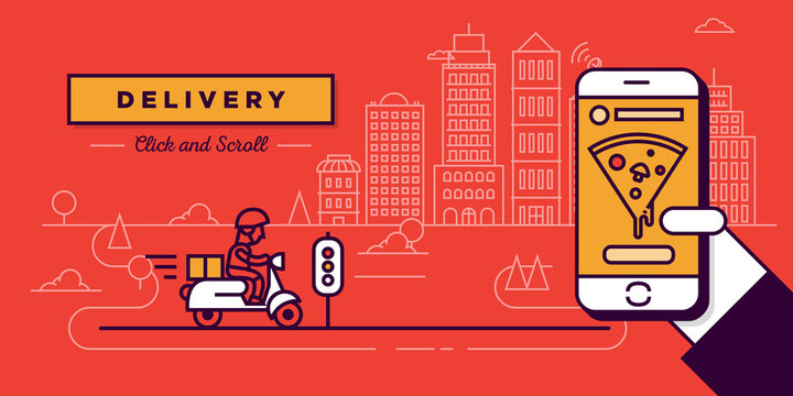 Delivery Website Banner in Flat Linear Vector Style