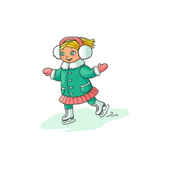 Happy little girl in ear muffs ice skating, winter sport activity, flat cartoon vector illustration isolated on white background. Drawing of little girl ice skating, colorful flat cartoon illustration
