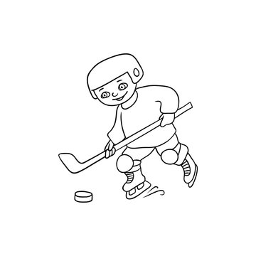 Happy little boy playing hockey, winter activity, black and white flat cartoon vector illustration isolated on white background. Cartoon little boy playing hockey, outline picture for coloring book