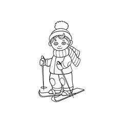 vector flat cartoon monochrome teen boy kid having fun skiing in winter outdoor clothing and funny hat and scarf. Isolated illustration on a white background for coloring book design.