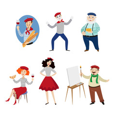 Funny French characters, people, food and culture symbols of France, flat cartoon vector illustration isolated on white background. French people, mimes, artists, food - symbols of France
