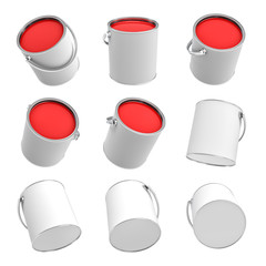 3d rendering of several paint buckets with red paint in different angles on a white background.