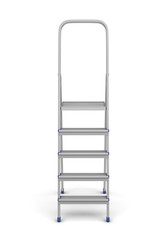 3d rendering of a single metal builder's step ladder with blue fittings isolated on white background.