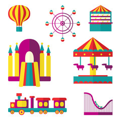 Amusement park set - Ferris wheel, carousel, rollercoaster, train, balloon, bouncy castle, shooting gallery, flat style vector illustration isolated on white background. Amusement park flat icon set