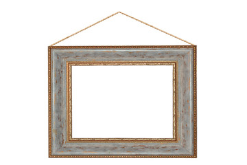  Ancient golden frame on a white background. Wooden frame with a rope.