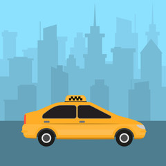 Fototapeta na wymiar Taxi car yellow with city skyline on background. Fast taxi service concept.