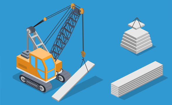 Isometric 3D vector illustration set building lifting crane