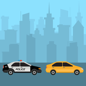 Yellow car and police car. Traffic violation. City skyline on background.