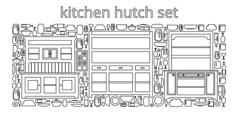 Hutch buffet set with dishes of different bottles and glasses, cans and plates. Flat vector.