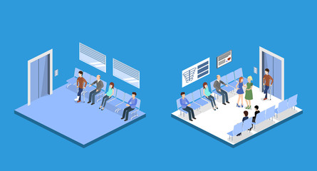Isometric 3D vector illustration patients waiting for an elevator and waiting room for a doctor