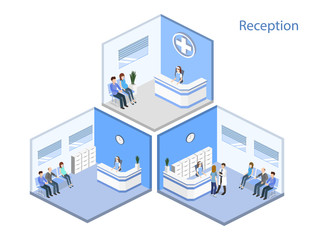 Isometric 3D vector illustration set of hospital reception with patients.