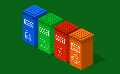 Isometric 3D vector illustration set throwing garbage into a trash can