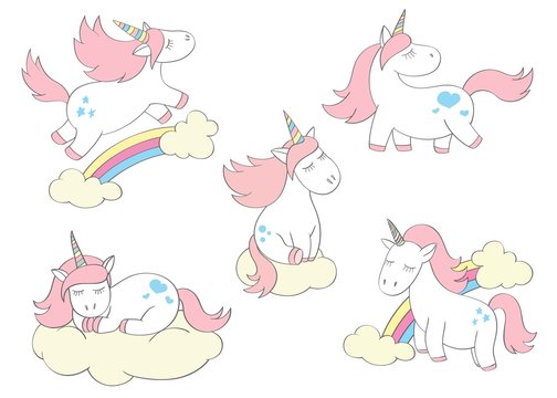 Magic cute unicorns set  in cartoon style. Doodle unicorns  for cards, posters, t-shirt prints, textile design