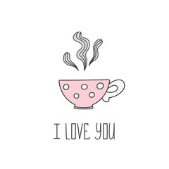 Hand drawn illustration of polka dot tea cup with tea. Valentine greeting card template for your design. Vector illustration.