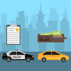 Fototapeta na wymiar Yellow car and police car. Traffic violation. Traffic ticket and wallet. City