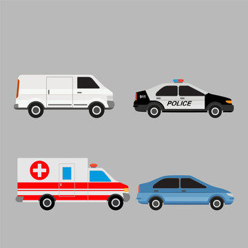 Public and commercial transport set. Car, van, police car and ambulance.