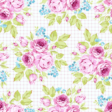Seamless floral pattern with pink roses and flowering branche