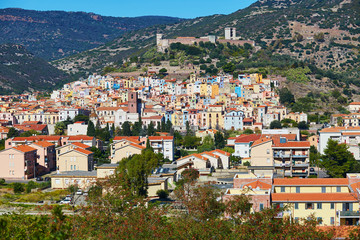 Fototapeta premium Aerial view of colorful houses in Bosa, Sardinia, Italy