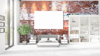 Fashionable modern loft interior with empty frame and copyspace in horizontal arrangement. 3D rendering.