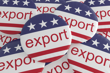 USA International Trade Concept Badges: Pile of Export Buttons With US Flag, 3d illustration