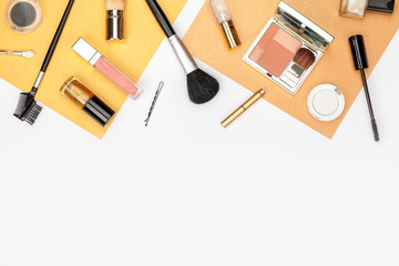 set of professional decorative cosmetics, makeup tools and accessory on white background with copy space for text. beauty, fashion, party and shopping concept. flat lay frame composition, top view