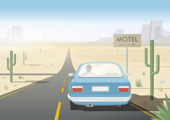 Man driving car. Road in desert. Retro style poster. Vector illustration.