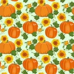 Seamless pattern with pumpkins and sunflowers. Vector illustration.