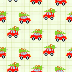 Winter tree on car roof green checkered seamless cartoon vector pattern for gift wrap, fabric print and apparel design. Holiday celebration preparation.