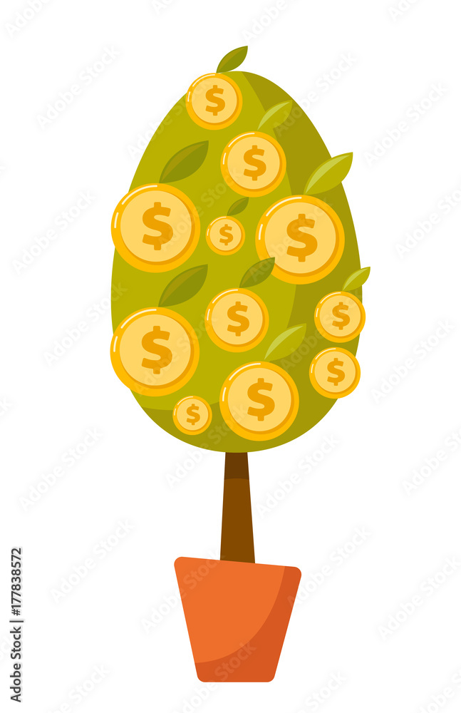 Wall mural Money tree with dollar coins in a pot. Vector cartoon illustration isolated on white background.