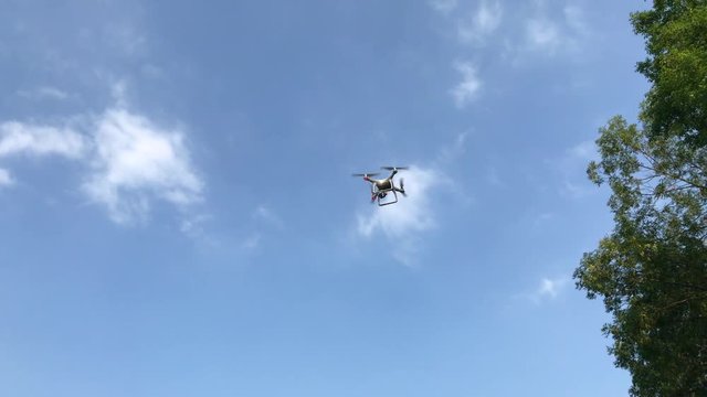 DJI4: Quadcopter flight Turns around flies into clear sky blue trees Sunny day summer heat fun light good close-up Phantom camera flying Aerial Cinematography Quadcopter Drone Technology final scene