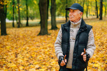 Senior man standing with nordic walking poles in colorful autumn park. Healthy life concept. Old man resting after exercise outdoors.