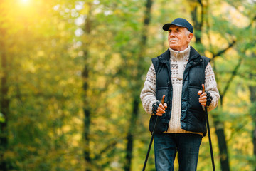 Senior man standing with nordic walking poles in colorful autumn park. Healthy life concept. Old man resting after exercise outdoors. - obrazy, fototapety, plakaty