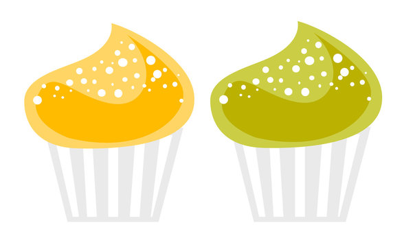 Yellow and green delicious cupcakes vector cartoon illustration isolated on white background