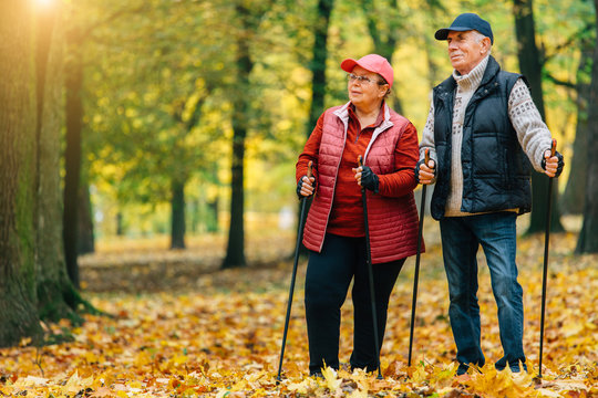 Pretty Senior Couple Standing With Nordic Walking Poles In Colorful Autumn Park. Mature Woman And Old Man Resting Outdoors.