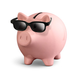 Pink piggy bank with glasses isolated on white, clipping path