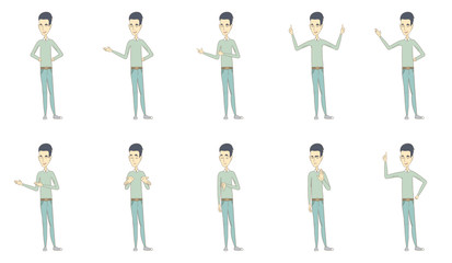 Fototapeta na wymiar Young asian man set. Man shrugging shoulders, standing with raised arms, showing thumb down, palm hand, pointing finger up. Set of vector sketch cartoon illustrations isolated on white background.