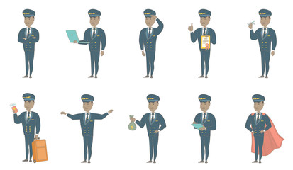 Young african-american airplane pilot set. Airplane pilot saluting, showing passport, writing notes in the list of passengers. Set of vector sketch cartoon illustrations isolated on white background. © Visual Generation