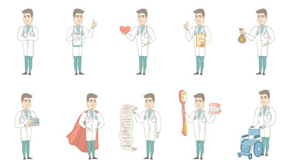 Young caucasian doctor set. Doctor holding clipboard, document with report, heart, certificate, money bag, test tubes with samples. Set of vector sketch illustrations isolated on white background.